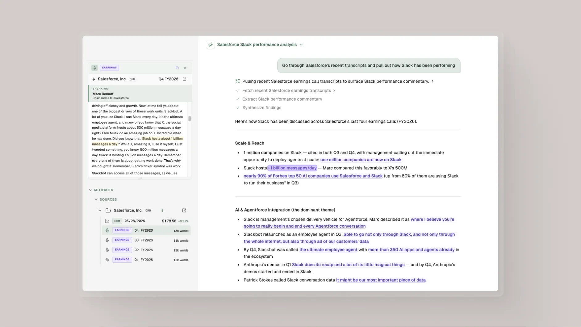 Kepler answering "how has Slack been performing" across recent Salesforce earnings calls, with each cited claim linking back to the exact passage in the Quartr transcript on the left.