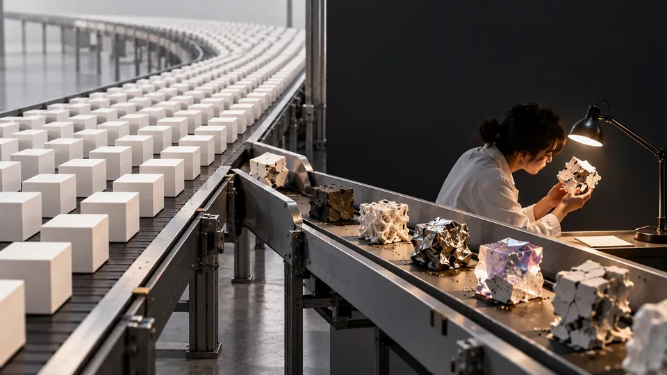 Rows of identical white cubes on a factory conveyor, beside a second belt of irregular, fractured and crystalline cubes that a researcher examines under a desk lamp.