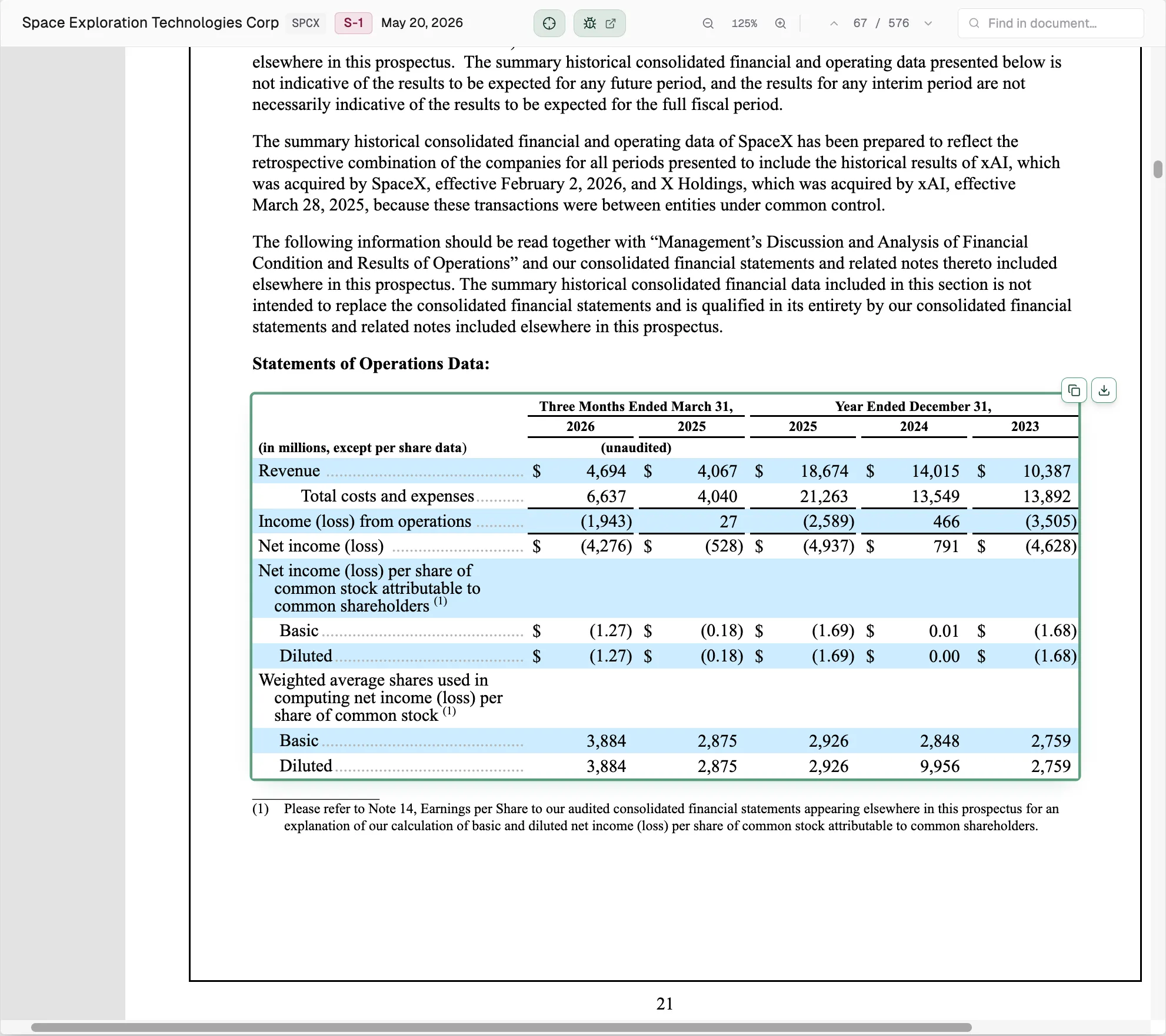 SpaceX's S-1 income statement displayed in Kepler's document viewer.